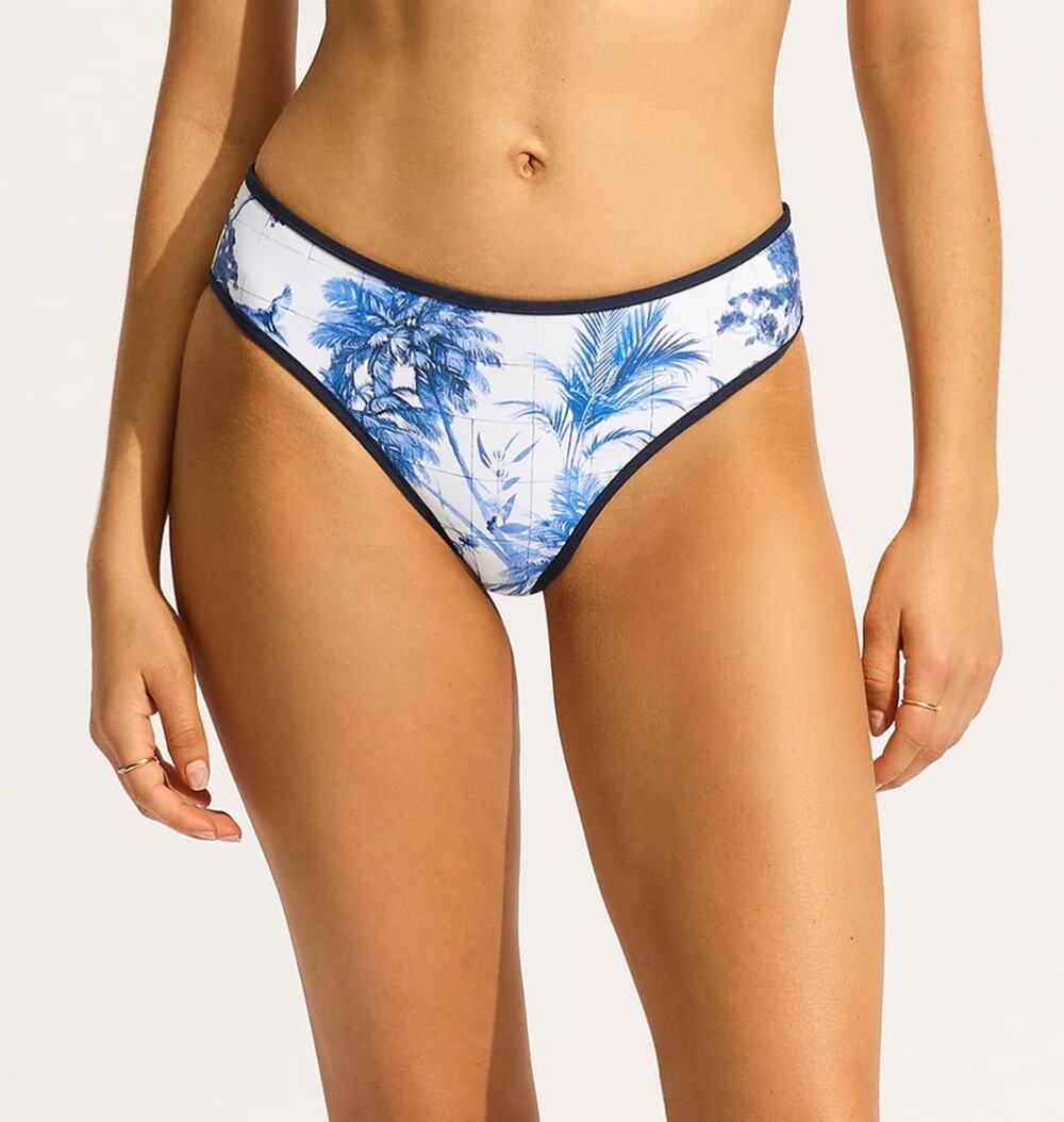 SEAFOLLY Women's Marbella Retro Bikini Bottom Size 6 White Blue Printed NWT